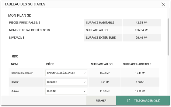 Tableau aperçu des surfaces sur l'outil 3D